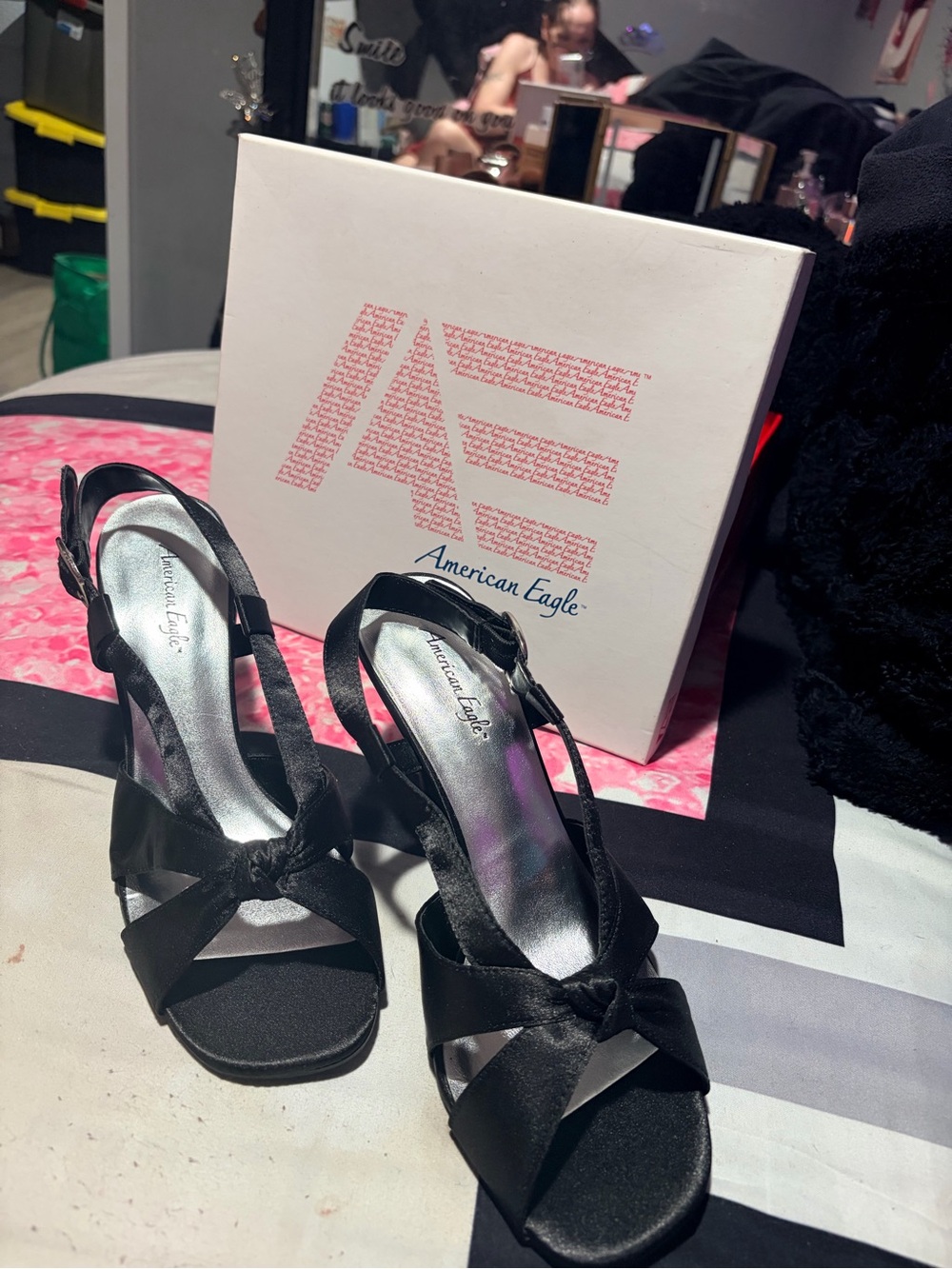 NIB Vintage American Eagle Outfitters Black Satin Knot Slingback Heels 👠 - 9